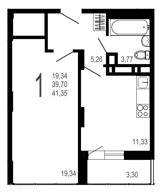 Планировка 1-комнатной квартиры 41.35 м² в ЖК Никитин, г. Воронеж — фото 1