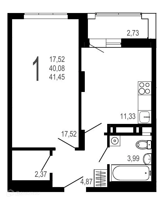 Планировка 1-комнатной квартиры 41.45 м² в ЖК Никитин, г. Воронеж — фото 1