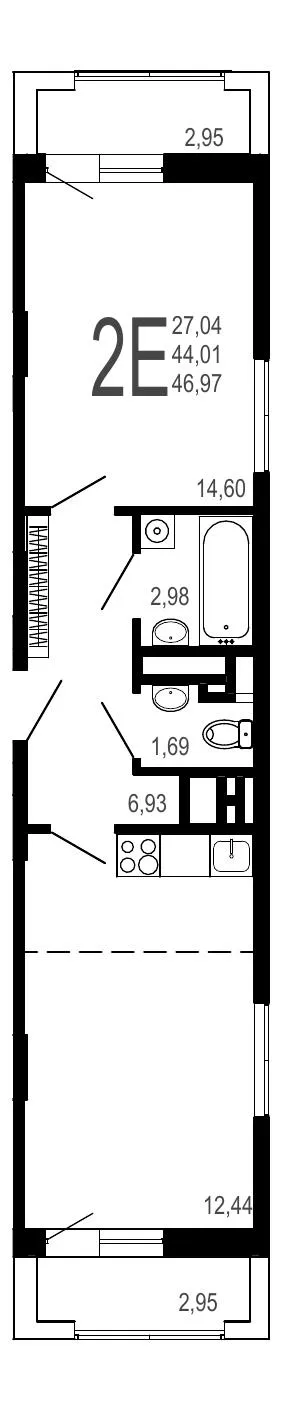 Планировка 2-комнатной квартиры 46.97 м² в ЖК Никитин, г. Воронеж — фото 1