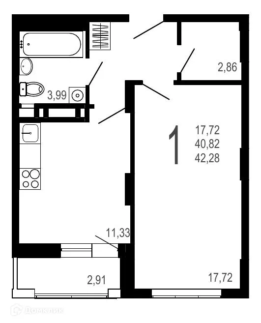 Планировка 1-комнатной квартиры 42.28 м² в ЖК Никитин, г. Воронеж — фото 1