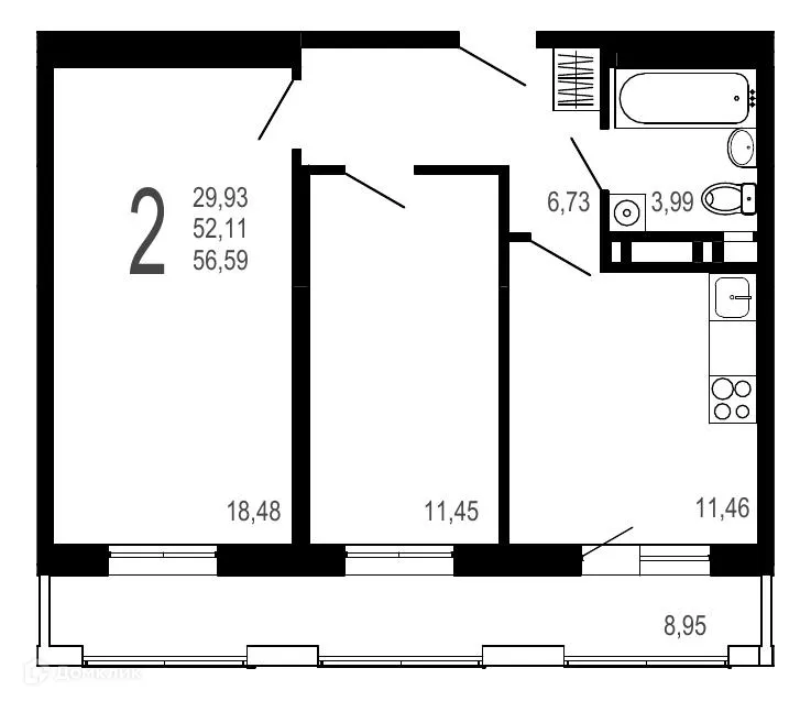 Планировка 2-комнатной квартиры 56.59 м² в ЖК Никитин, г. Воронеж — фото 1