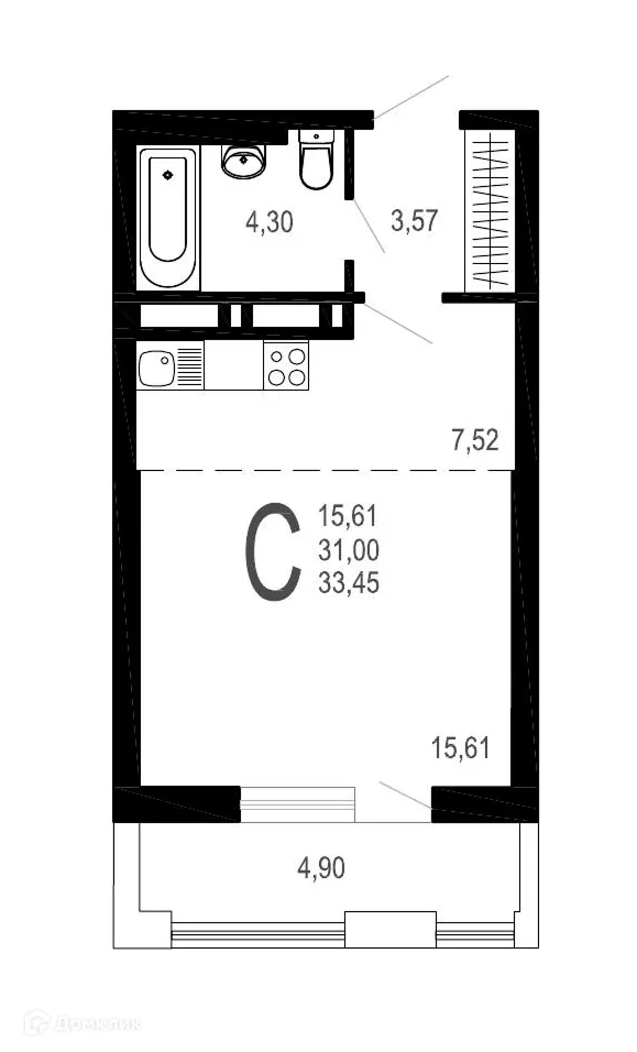Планировка студии квартиры 33.45 м² в ЖК Никитин, г. Воронеж — фото 1