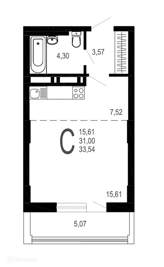 Планировка студии квартиры 33.54 м² в ЖК Никитин, г. Воронеж — фото 1