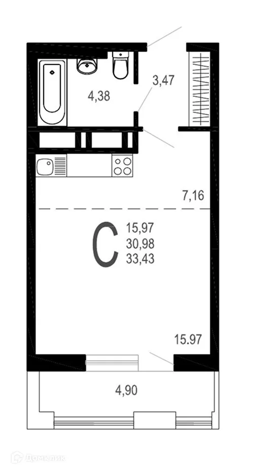 Планировка студии квартиры 33.43 м² в ЖК Никитин, г. Воронеж — фото 1