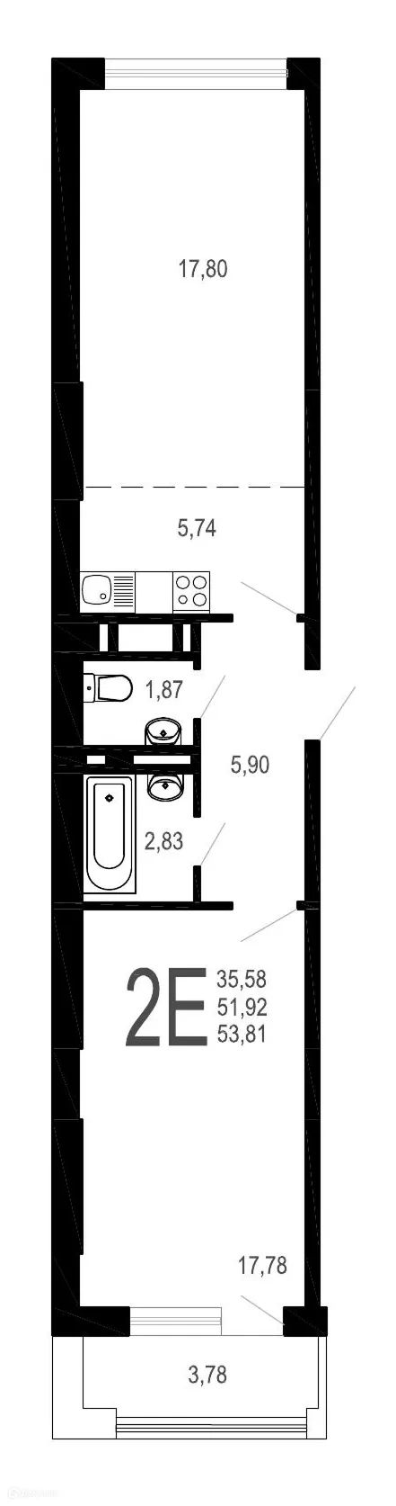 Планировка 2-комнатной квартиры 53.81 м² в ЖК Никитин, г. Воронеж — фото 1