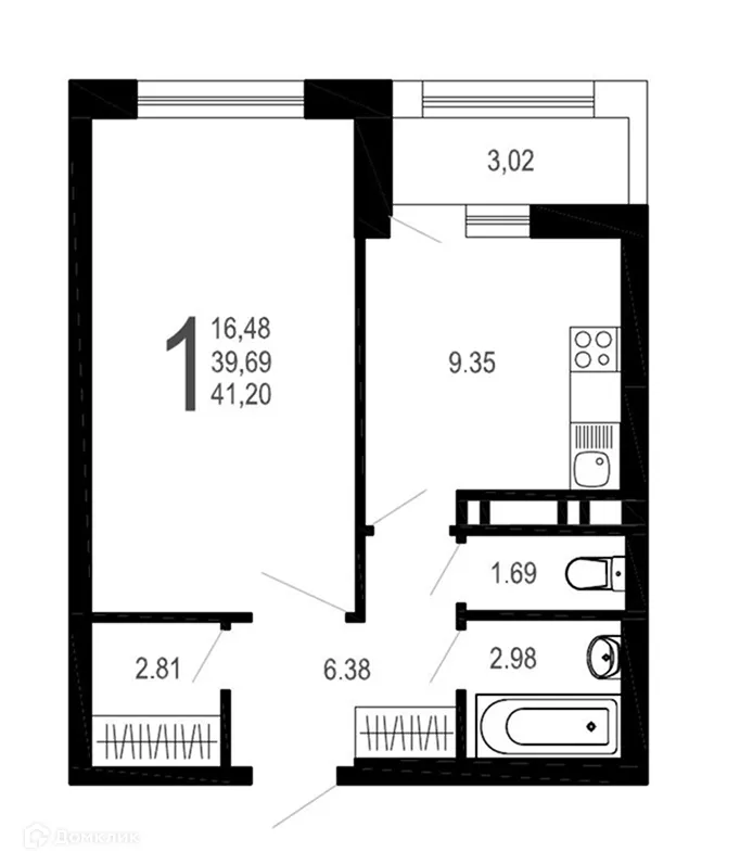 Планировка 1-комнатной квартиры 41.2 м² в ЖК Никитин, г. Воронеж — фото 1