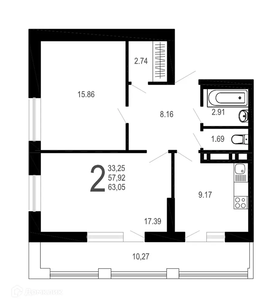 Планировка 2-комнатной квартиры 63.05 м² в ЖК Никитин, г. Воронеж — фото 1
