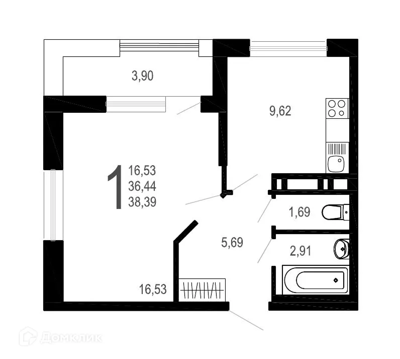 Планировка 1-комнатной квартиры 38.39 м² в ЖК Никитин, г. Воронеж — фото 1