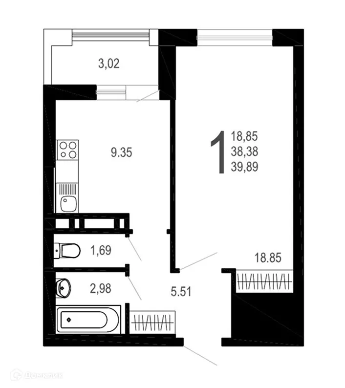 Планировка 1-комнатной квартиры 39.89 м² в ЖК Никитин, г. Воронеж — фото 1