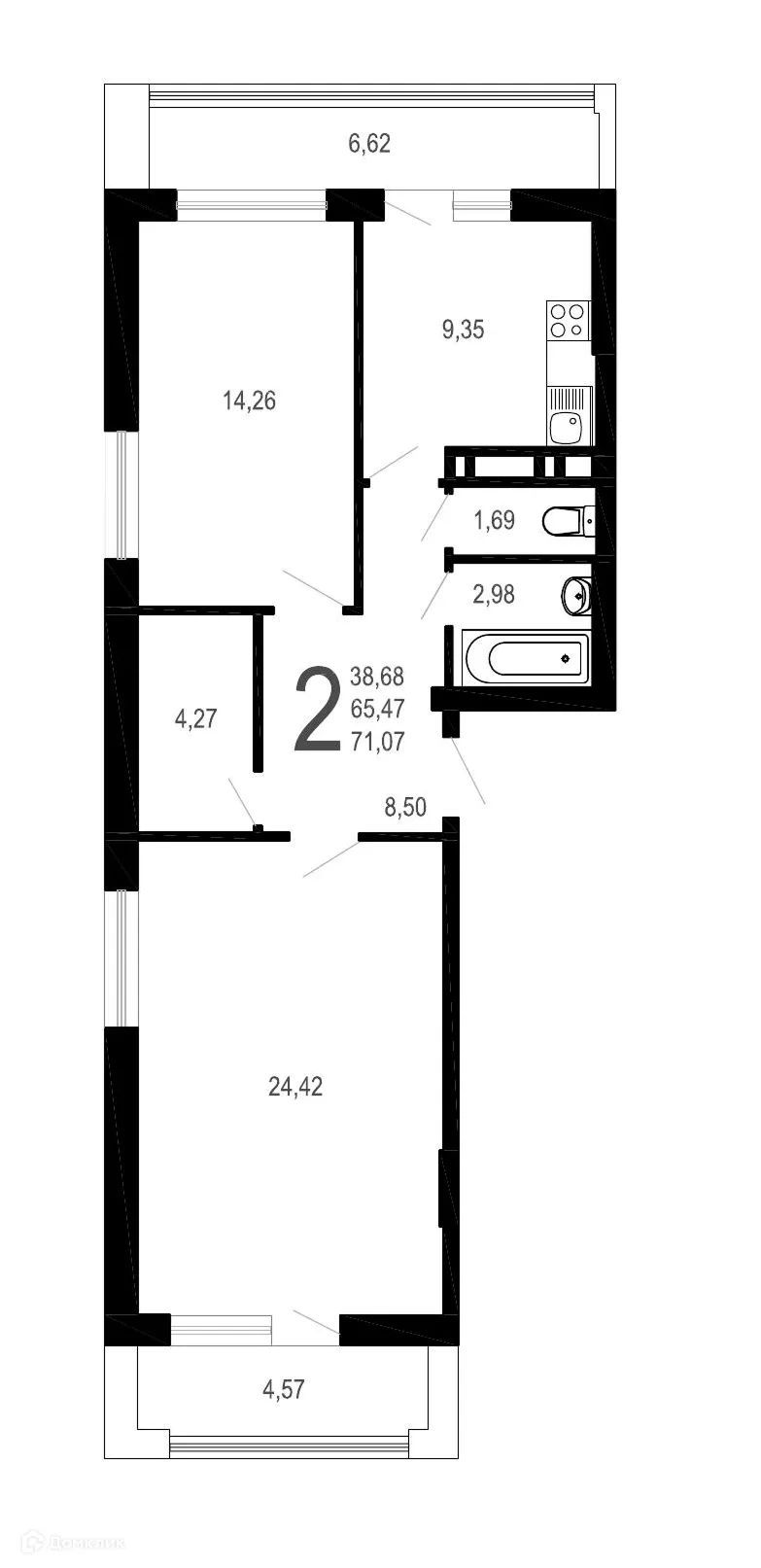 Планировка 2-комнатной квартиры 71.07 м² в ЖК Никитин, г. Воронеж — фото 1