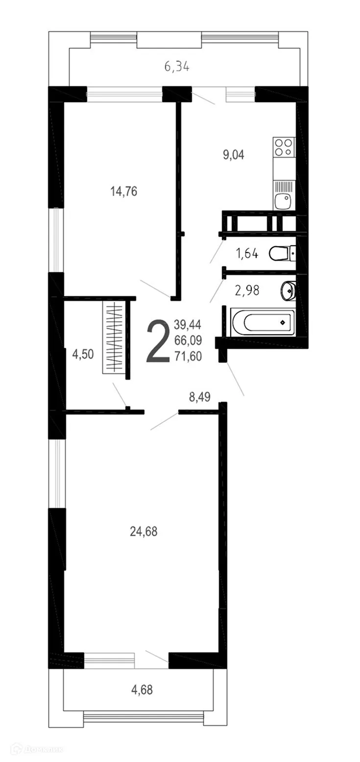 Планировка 2-комнатной квартиры 71.6 м² в ЖК Никитин, г. Воронеж — фото 1