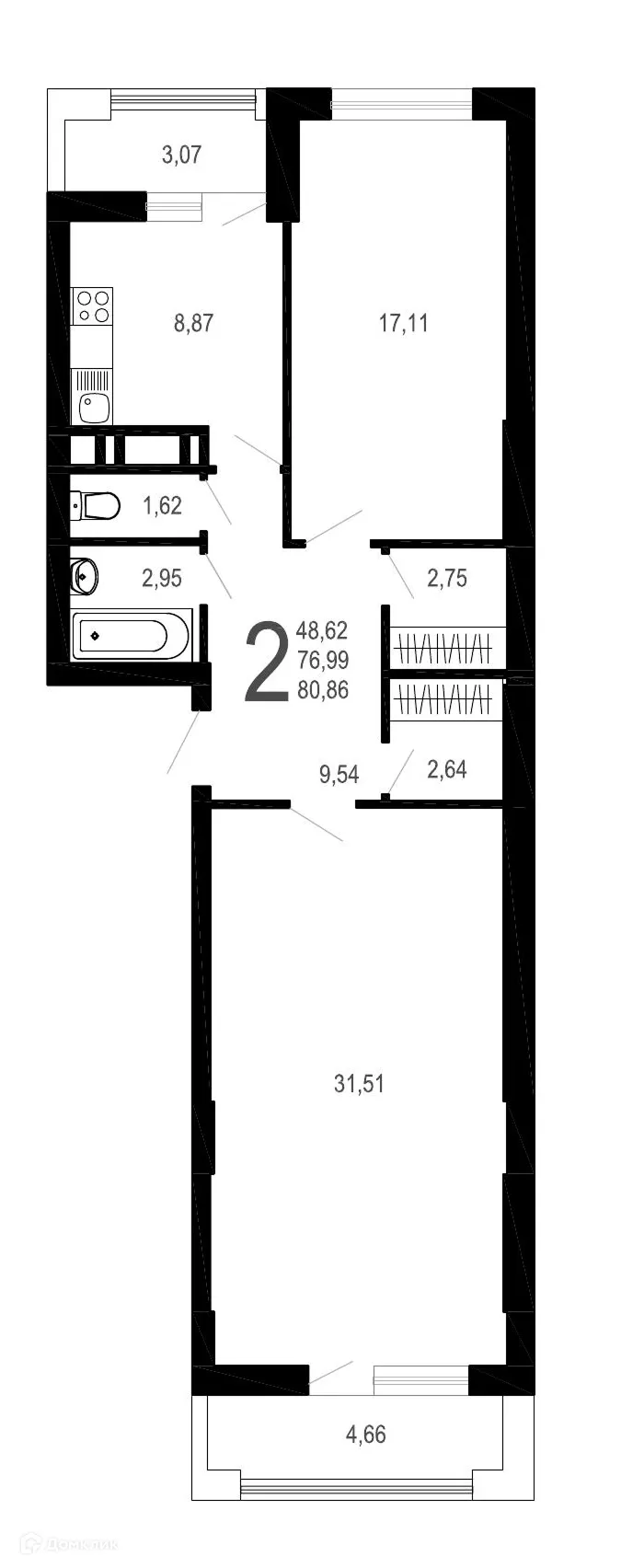 Планировка 2-комнатной квартиры 80.86 м² в ЖК Никитин, г. Воронеж — фото 1