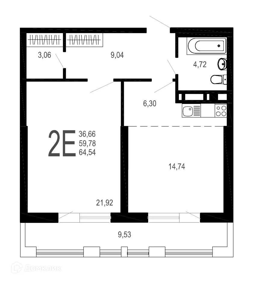 Планировка 2-комнатной квартиры 64.54 м² в ЖК Никитин, г. Воронеж — фото 1