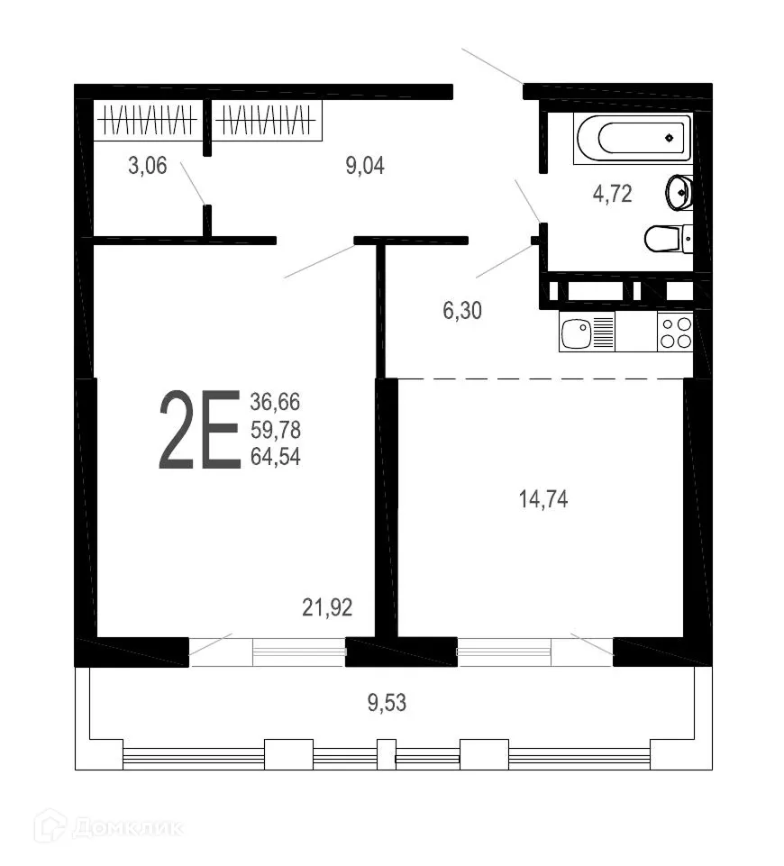 Планировка 2-комнатной квартиры 64.5 м² в ЖК Никитин, г. Воронеж — фото 1
