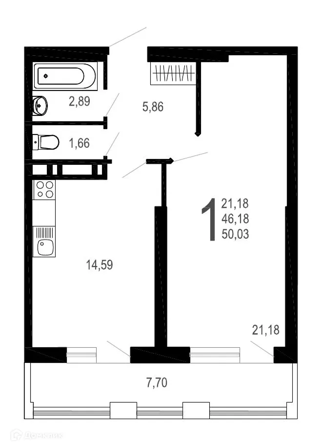 Планировка 1-комнатной квартиры 50.03 м² в ЖК Никитин, г. Воронеж — фото 1