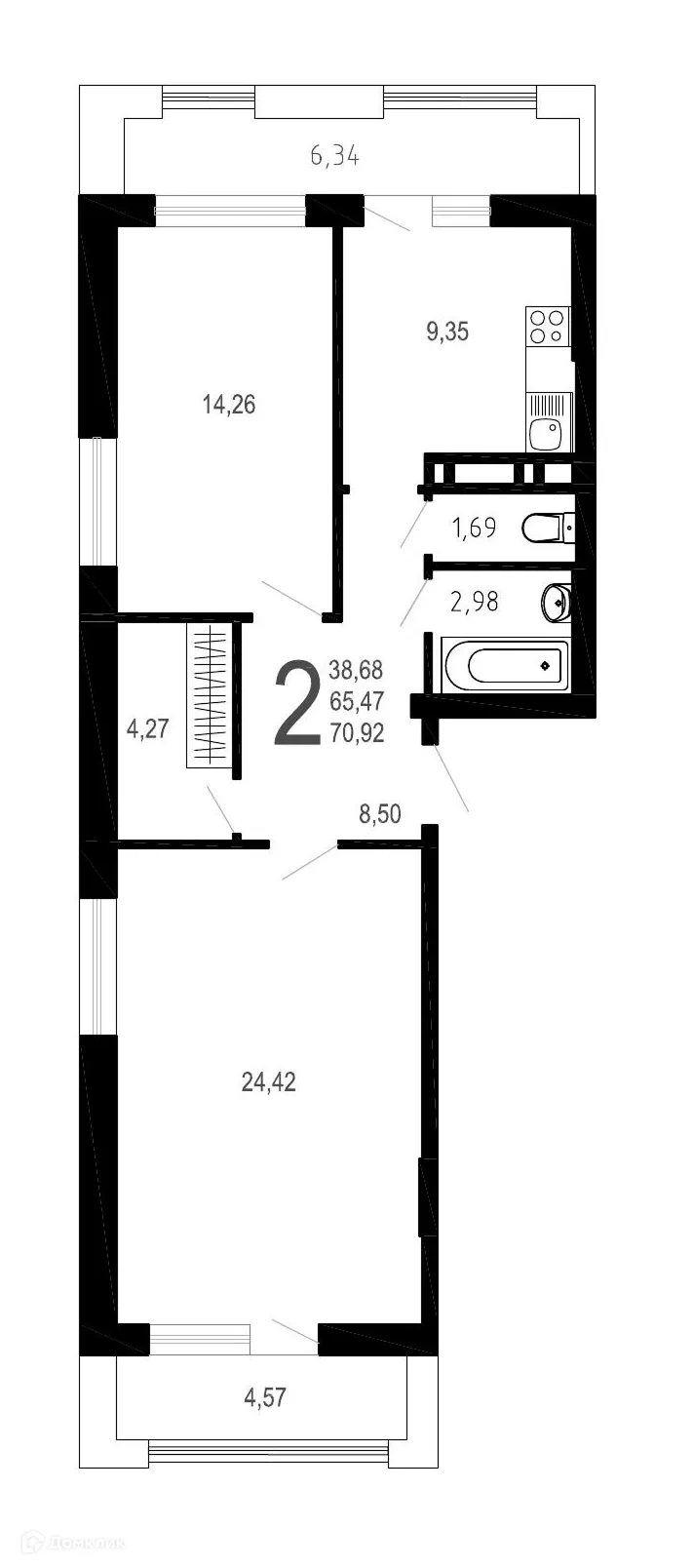 Планировка 2-комнатной квартиры 70.92 м² в ЖК Никитин, г. Воронеж — фото 1