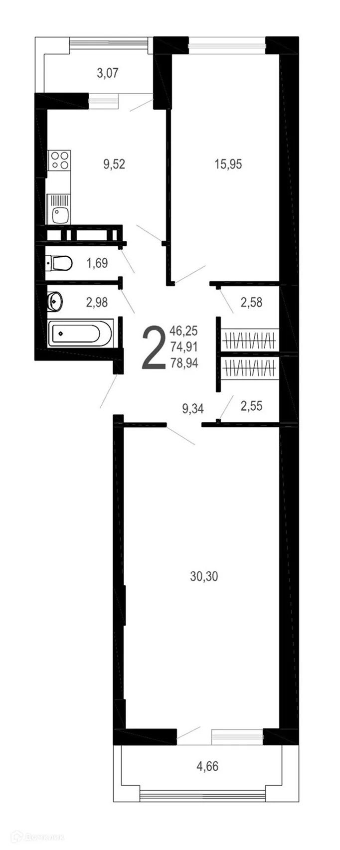 Планировка 2-комнатной квартиры 78.94 м² в ЖК Никитин, г. Воронеж — фото 1