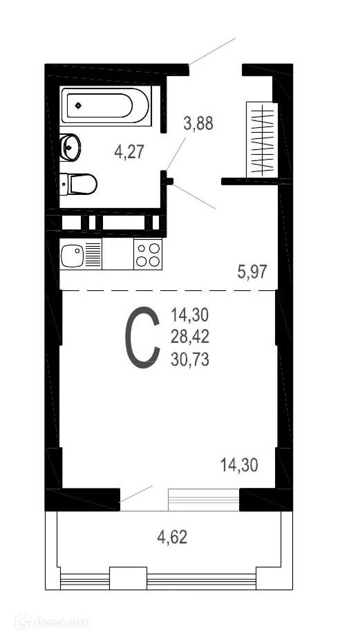 Планировка студии квартиры 30.73 м² в ЖК Никитин, г. Воронеж — фото 1
