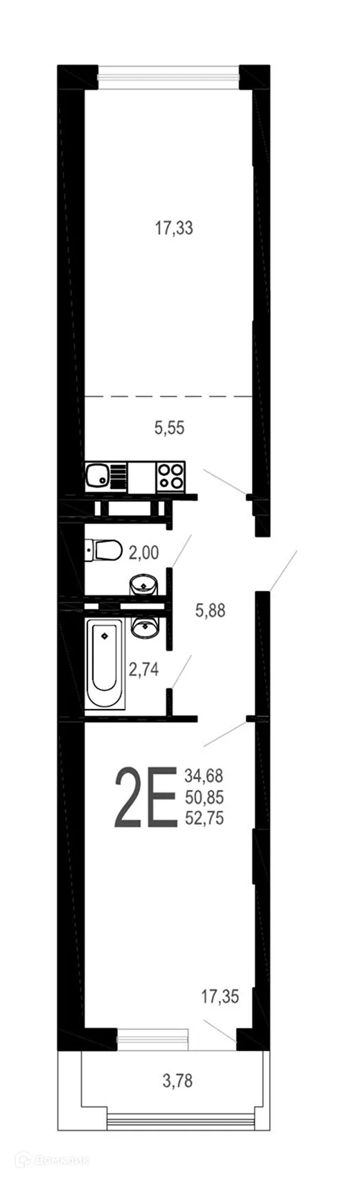 Планировка 2-комнатной квартиры 52.74 м² в ЖК Никитин, г. Воронеж — фото 1
