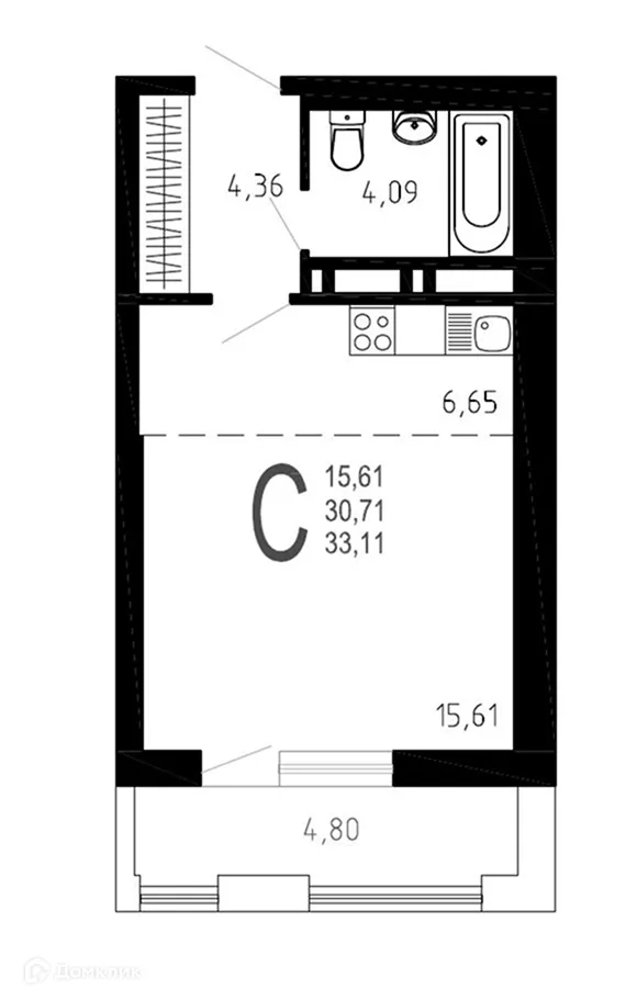 Планировка студии квартиры 33.11 м² в ЖК Никитин, г. Воронеж — фото 1