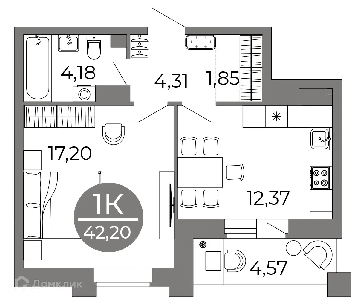 Планировка 1-комнатной квартиры 42.2 м² в ЖК Галилей, г. Воронеж — фото 1