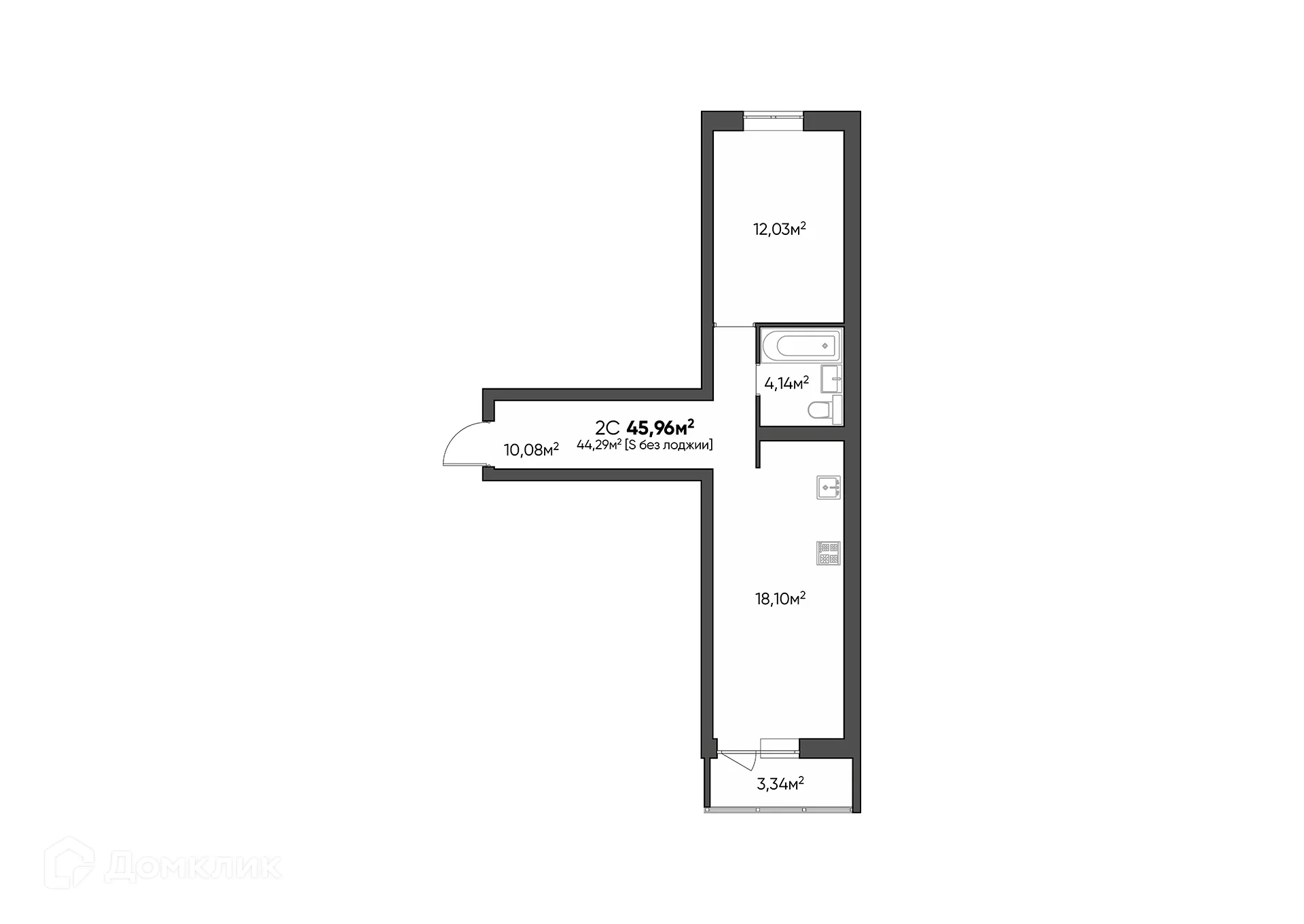 Планировка 1-комнатной квартиры 45.96 м² в ЖК Квартал, г. Волгоград — фото 2