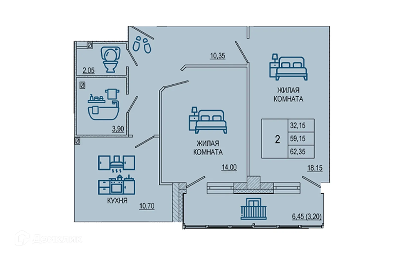 Планировка 2-комнатной квартиры 62.25 м² в ЖК Петровский парк, г. Волгоград — фото 1