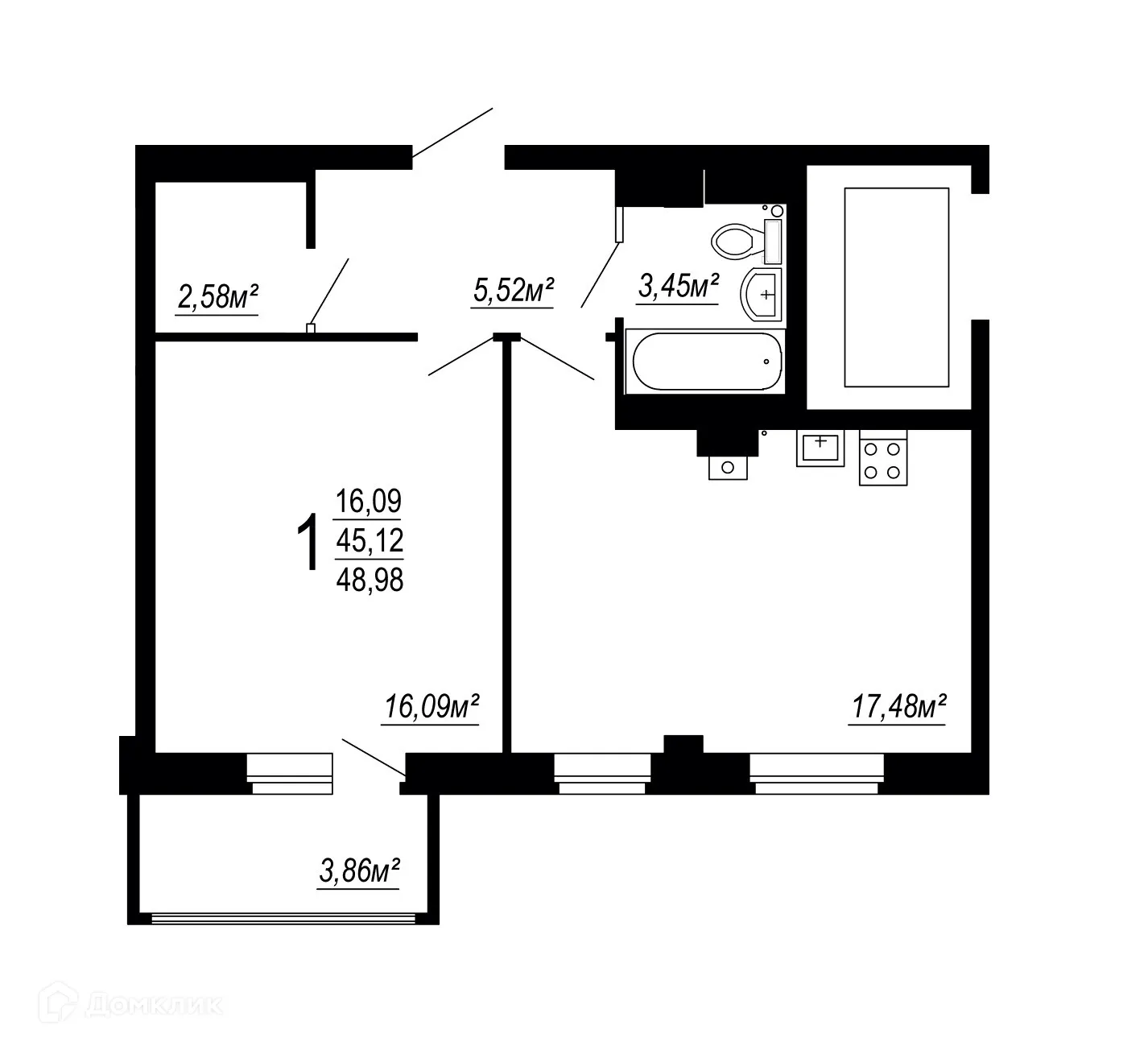 Планировка 1-комнатной квартиры 48.98 м² в ЖК по улице Полины Осипенко, г. Волгоград — фото 1