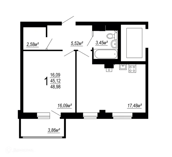 Планировка 1 комн. в ЖК по улице Полины Осипенко