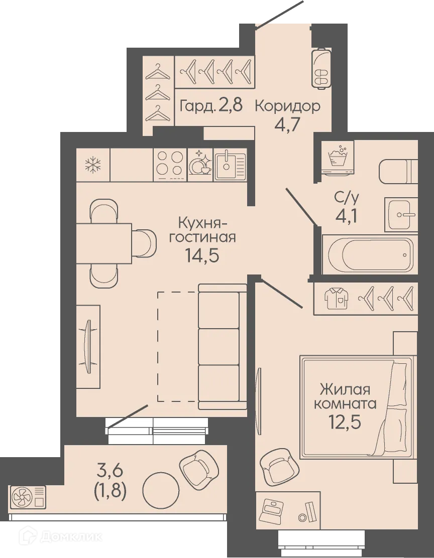 Планировка 1-комнатной квартиры 40.4 м² в ЖК Крылья Качи, г. Волгоград — фото 4