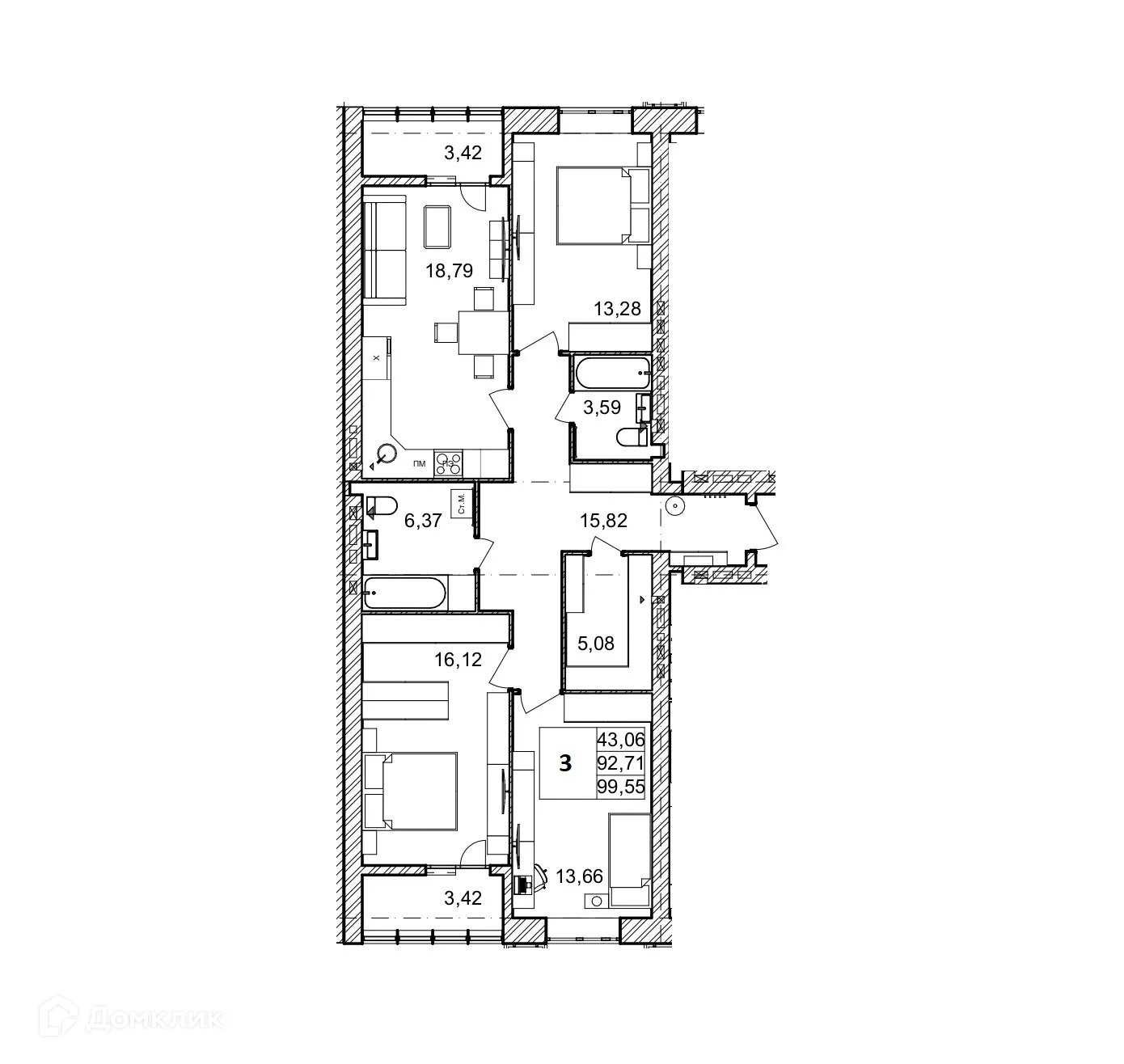 Планировка 3-комнатной квартиры 99.55 м² в ЖК ОНЕГИН, г. Волгоград — фото 2