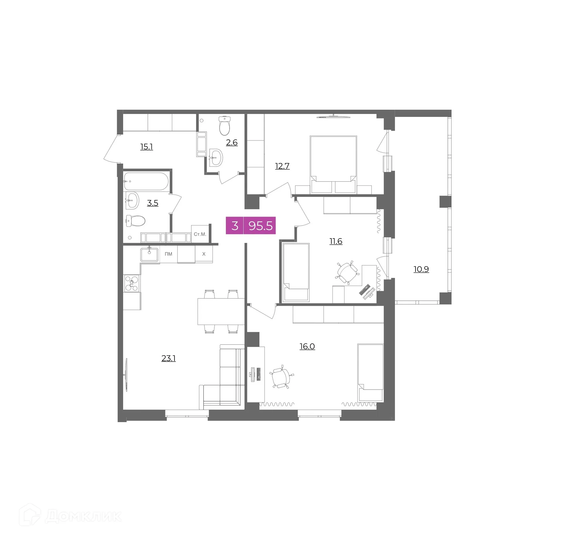 Планировка 3-комнатной квартиры 95.5 м² в ЖК ГАЛАКТИКА, г. Волгоград — фото 1