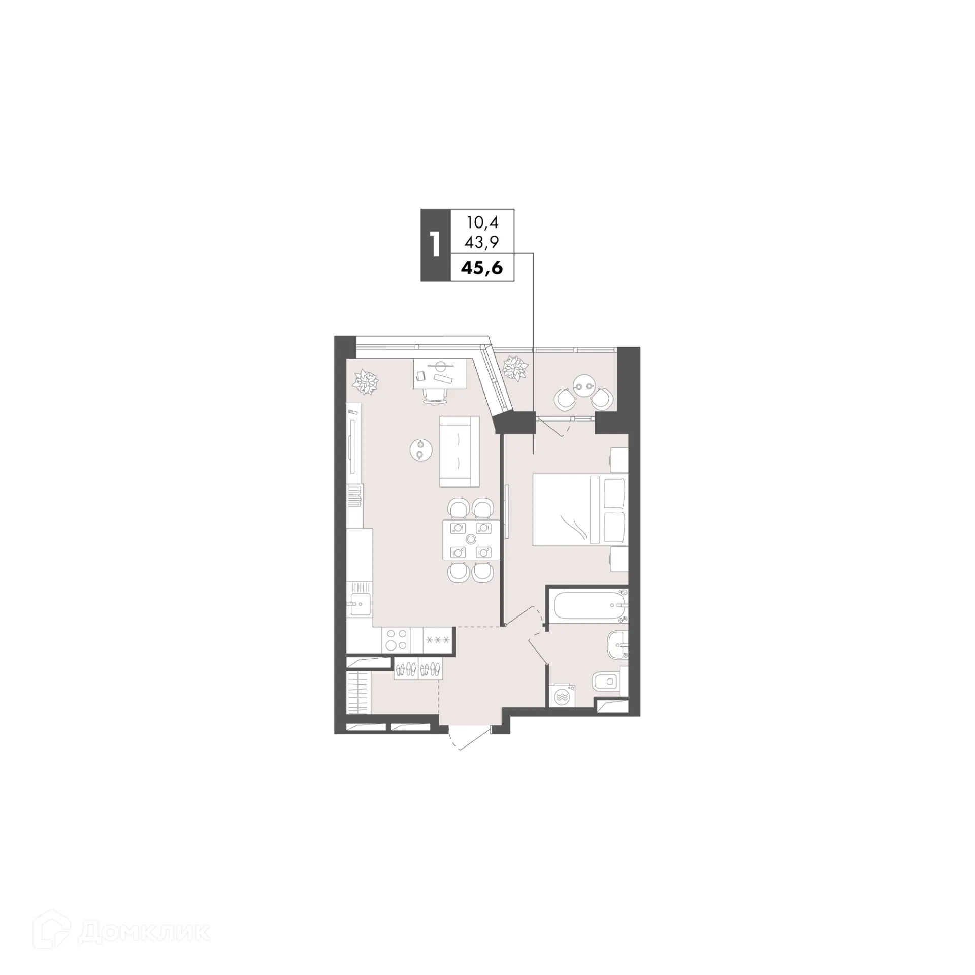 Планировка 1-комнатной квартиры 45.6 м² в ЖК Маяк на Двинской, г. Волгоград — фото 19