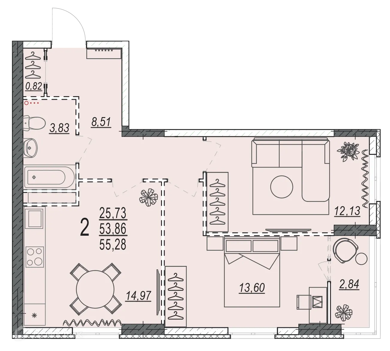 Планировка 2-комнатной квартиры 55.28 м² в ЖК на 35 Гвардейской, г. Волгоград — фото 7