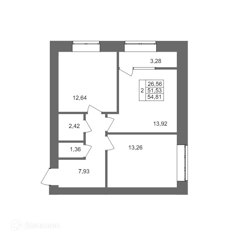 Планировка 2-комнатной квартиры 54.81 м² в ЖК Клубный дом на Жукова, г. Волгоград — фото 1