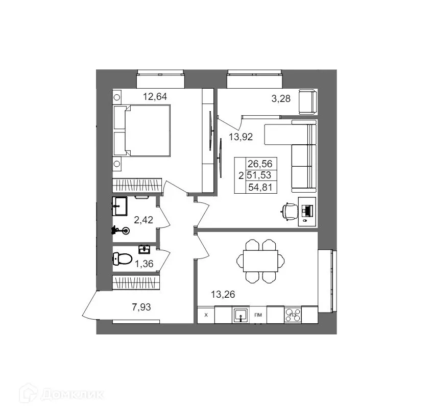 Планировка 2-комнатной квартиры 54.81 м² в ЖК Клубный дом на Жукова, г. Волгоград — фото 2
