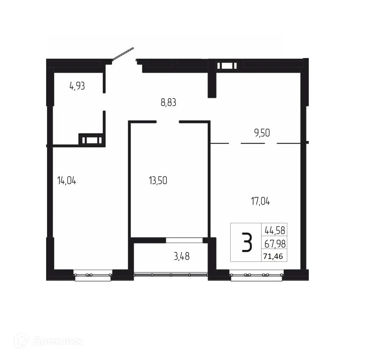 Планировка 3-комнатной квартиры 71.46 м² в ЖК ДУЭТ, г. Волгоград — фото 1