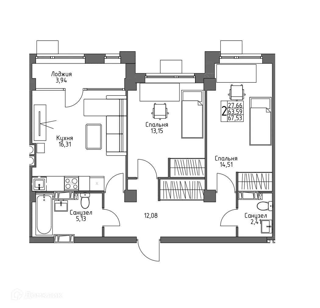 Планировка 2-комнатной квартиры 67.53 м² в ЖК ОСНОВА, г. Волгоград — фото 1