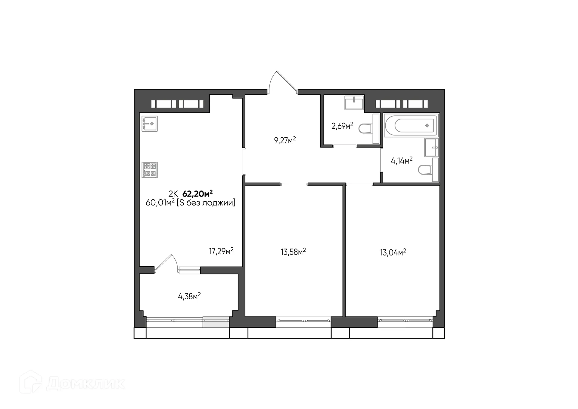 Планировка 2-комнатной квартиры 62.2 м² в ЖК URBN (Урбн), г. Волгоград — фото 11