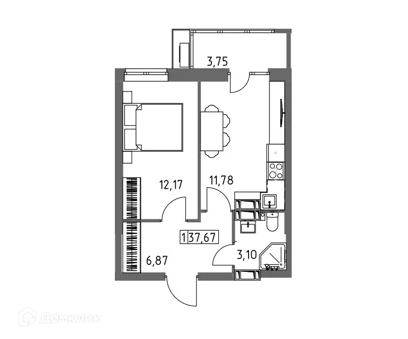 Планировка 1-комнатной квартиры 37.67 м² в ЖК Фаренгейт, г. Волгоград — фото 1