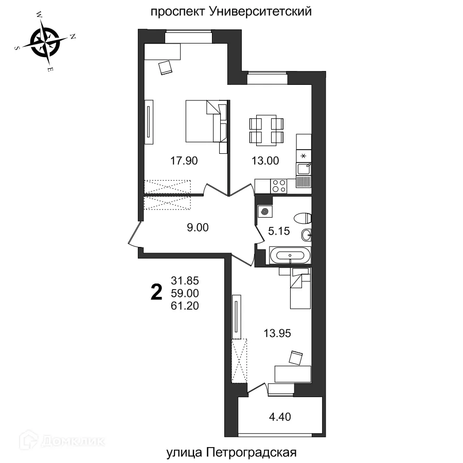 Планировка 2-комнатной квартиры 61.2 м² в ЖК "Балтийский", г. Волгоград — фото 1