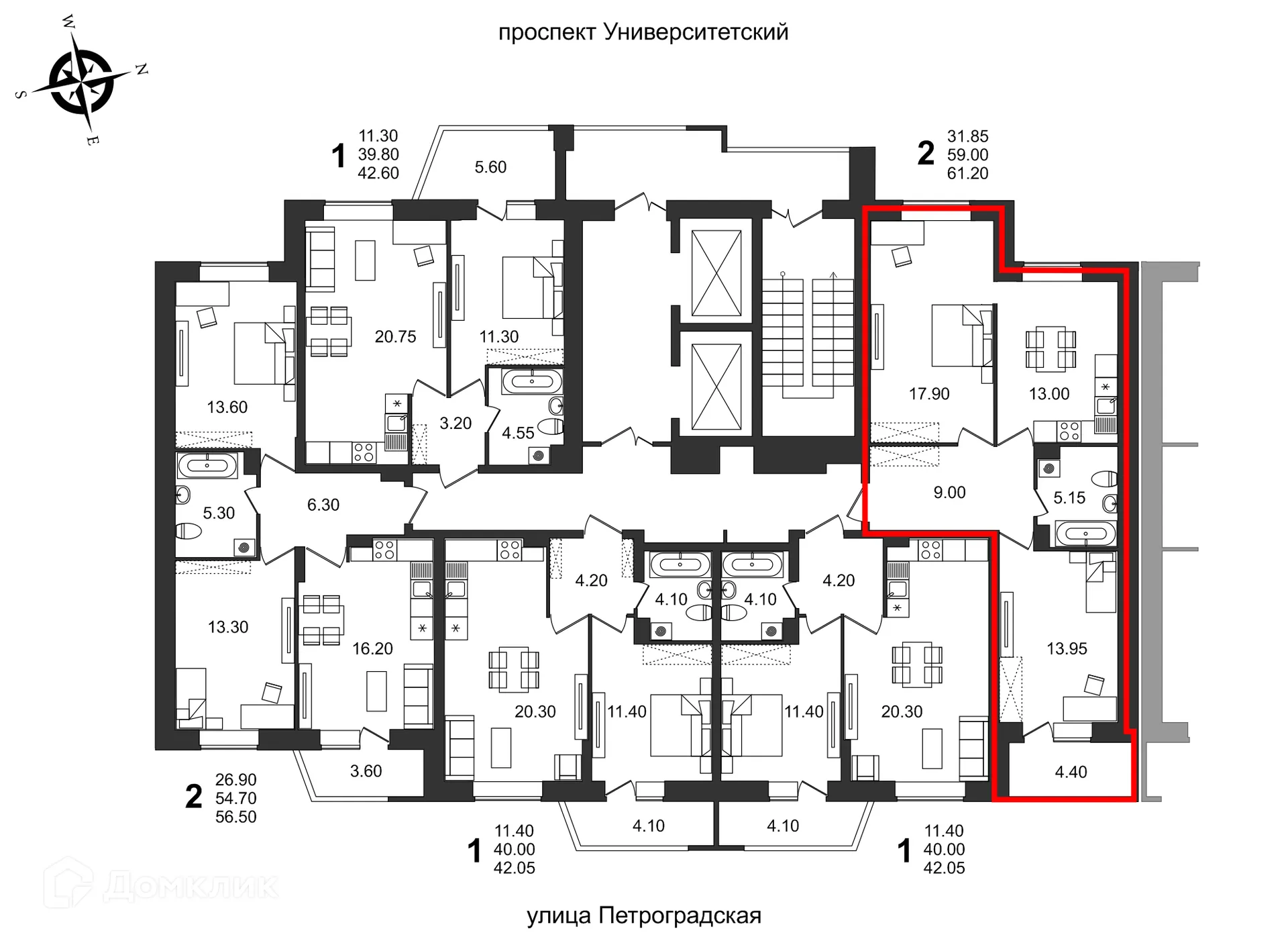 Планировка 2-комнатной квартиры 61.2 м² в ЖК "Балтийский", г. Волгоград — фото 3