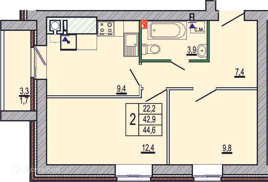 Планировка 2-комнатной квартиры 44.6 м² в ЖК Колизей, г. Волгоград — фото 1