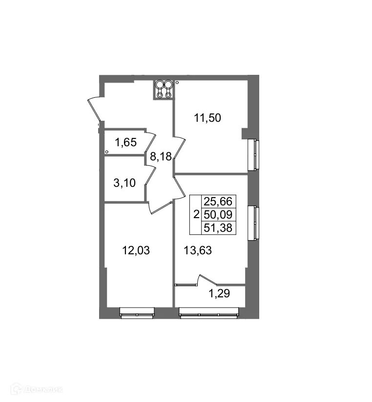 Планировка 2-комнатной квартиры 51.38 м² в ЖК Гармония, г. Волгоград — фото 1