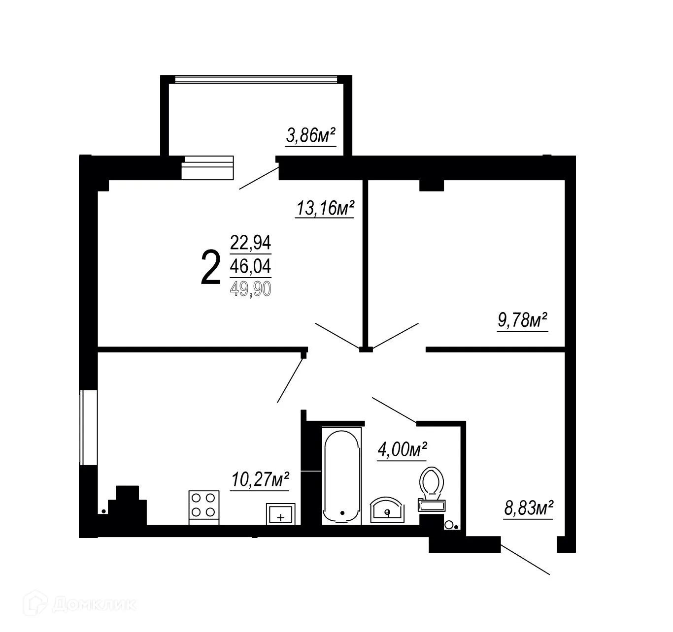Планировка 2-комнатной квартиры 49.9 м² в ЖК по улице Полины Осипенко, г. Волгоград — фото 3