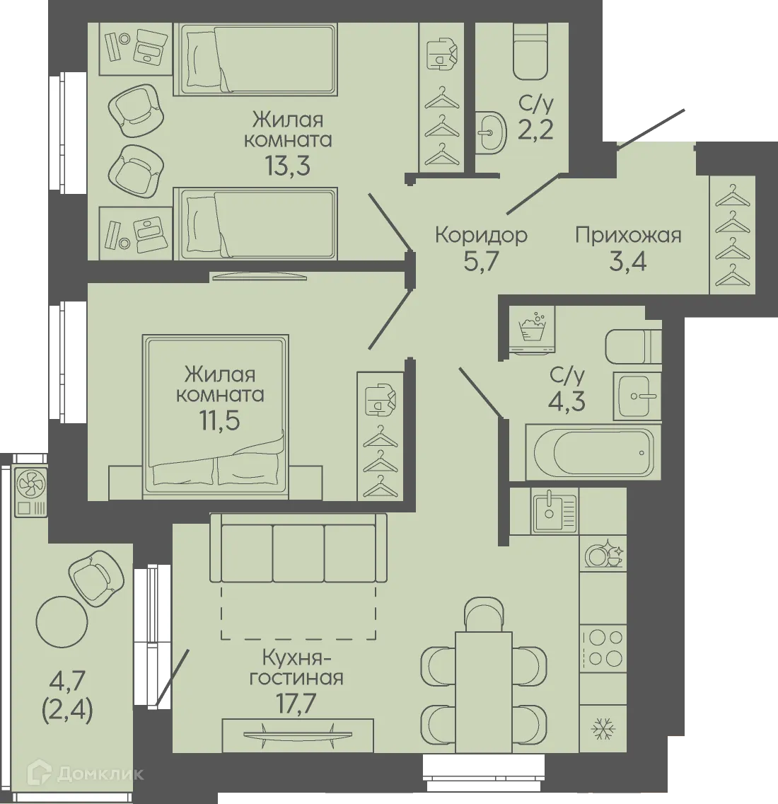 Планировка 2-комнатной квартиры 60.5 м² в ЖК Крылья Качи, г. Волгоград — фото 1