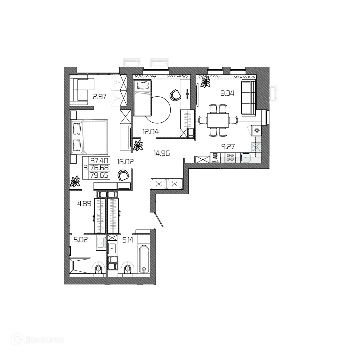 Планировка 3-комнатной квартиры 79.65 м² в ЖК СЕЛЕНА, г. Волгоград — фото 2