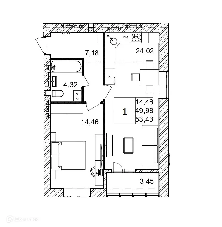 Планировка 1-комнатной квартиры 53.43 м² в ЖК ОНЕГИН, г. Волгоград — фото 2