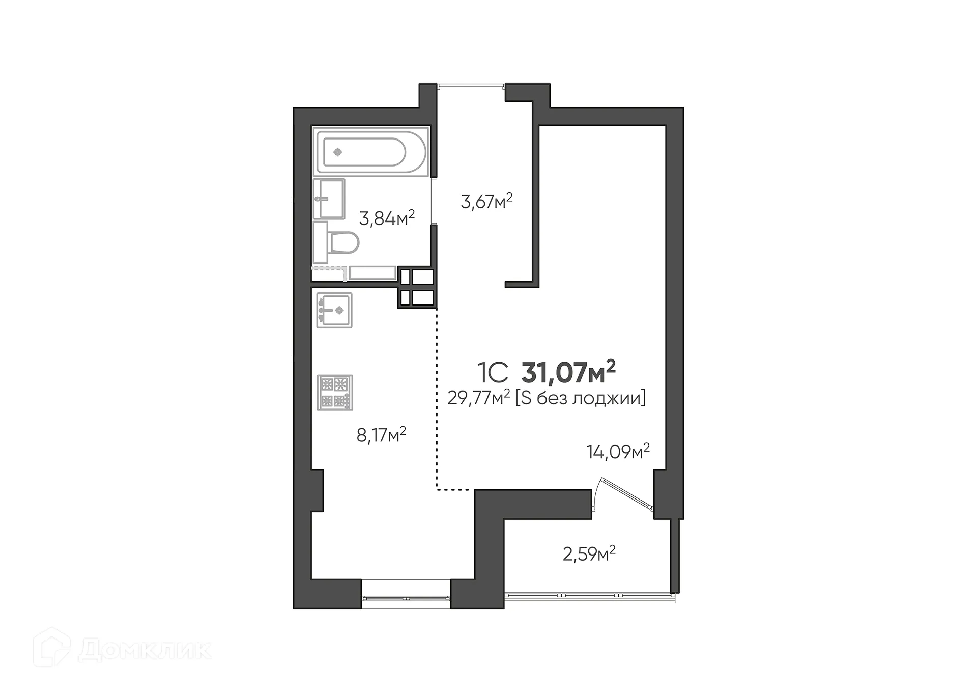 Планировка студии квартиры 31.07 м² в ЖК Парк Европейский, г. Волгоград — фото 2