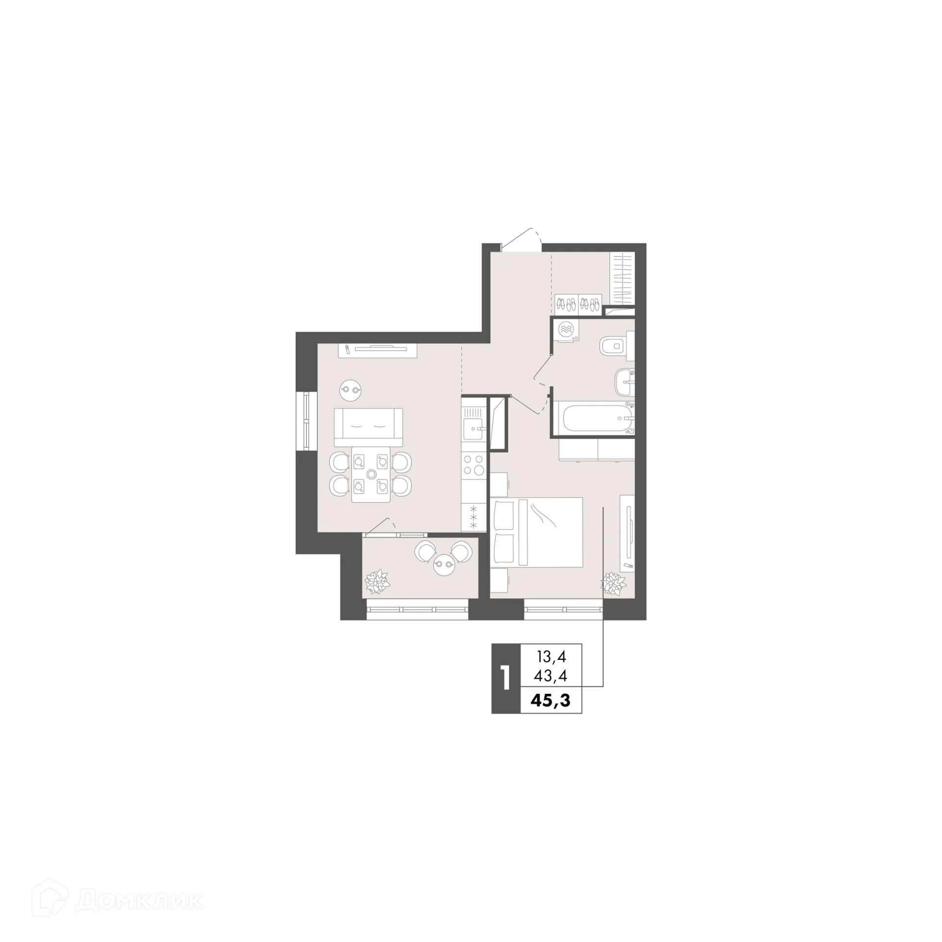 Планировка 1-комнатной квартиры 45.3 м² в ЖК Маяк на Двинской, г. Волгоград — фото 14
